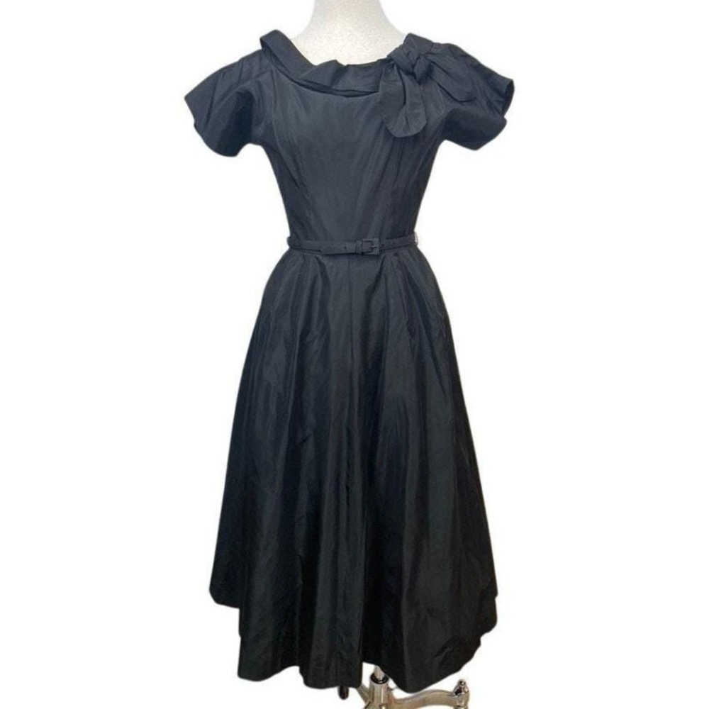Vintage RAPPI Womens (M) 50s‎ Black Taffeta Belted Cocktail Dress Gown Goth Midi